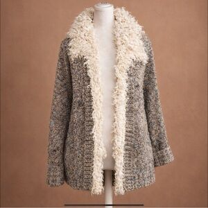 Cozy Ponsesa Faux Fur Trim Sweater Jacket Boho Sherpa Cardigan Coat Size L